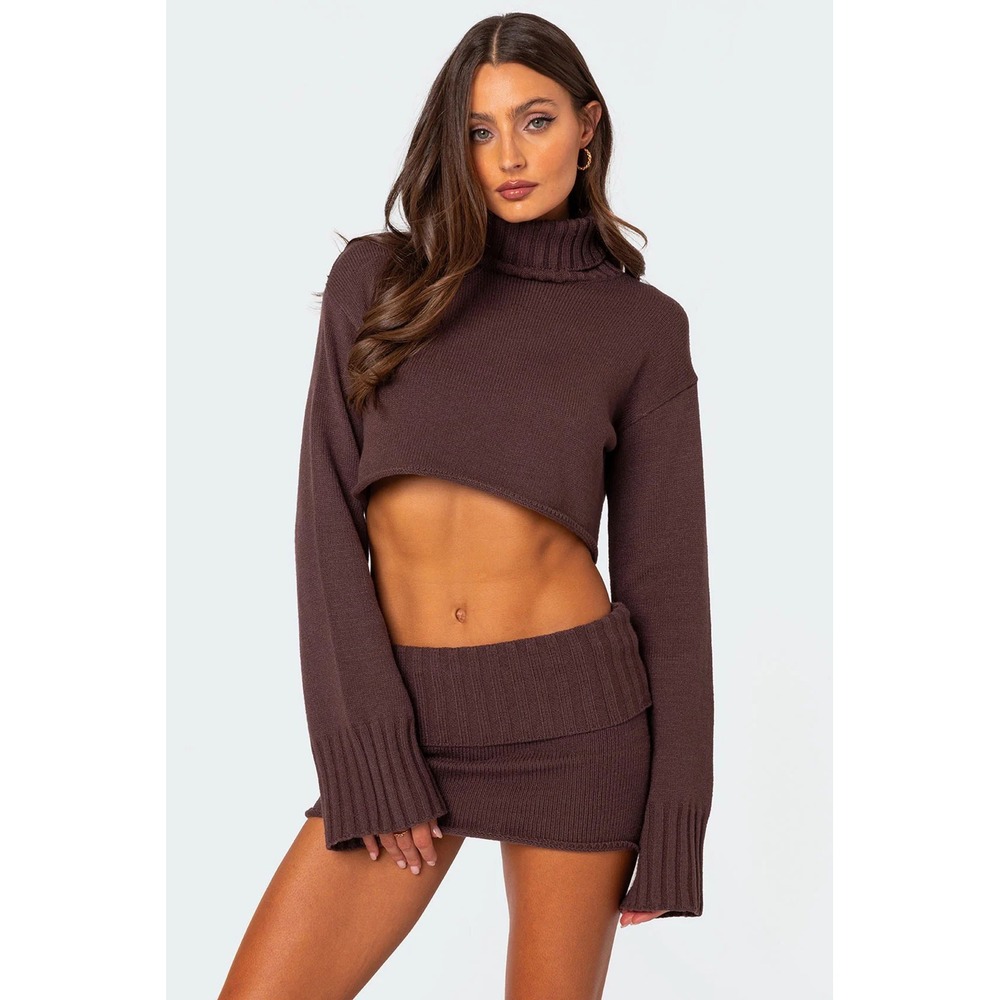 Edikted Brown Cropped Turtleneck Knit Sweater Long Sleeve Size Small